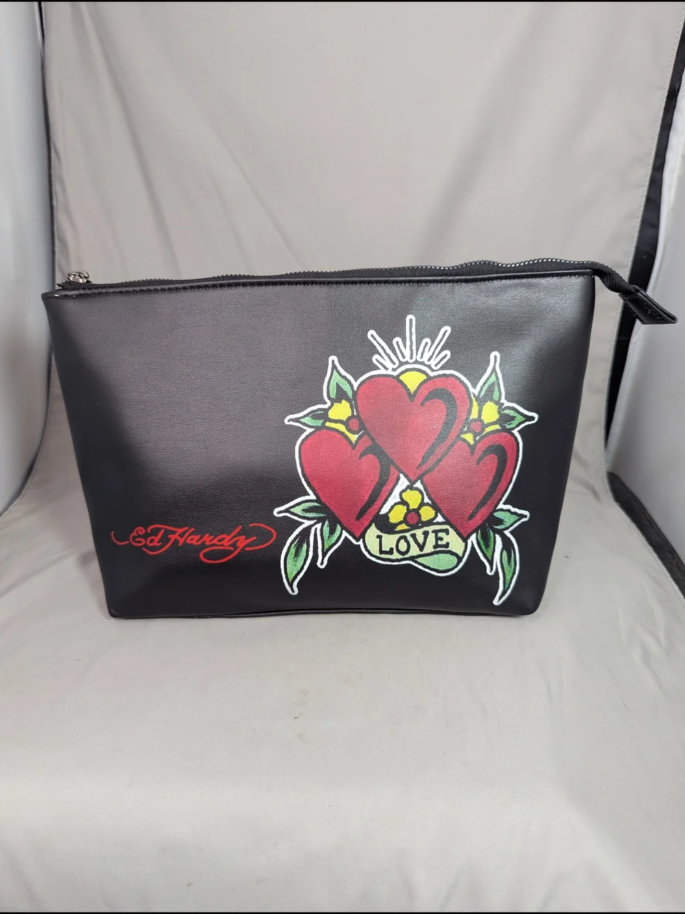 ED Hardy Cosmetic Bag Make Up Travel Black Heart Love Tattoo Style Large Vegan